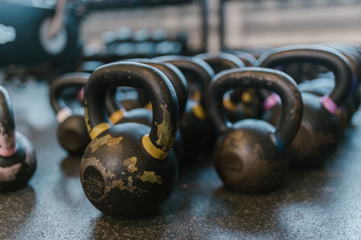 A kettlebell on a gym floor